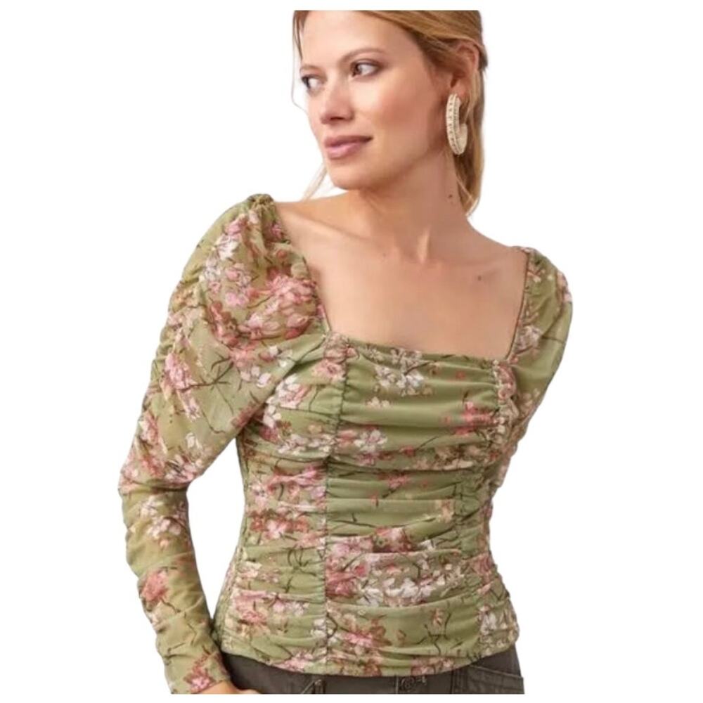 Maeve Anthropologie A+ Floral Tulle Ruched Top 1X